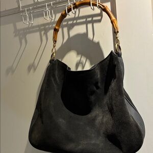 Gucci Black Suede Hobo Bag with Bamboo Handle👝
